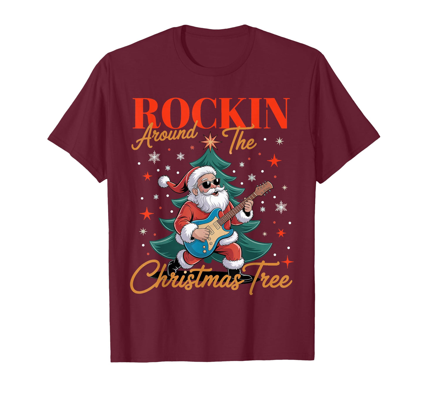 Rocking Around The Christmas Tree Santa Rock and Roll Guitar T-Shirt