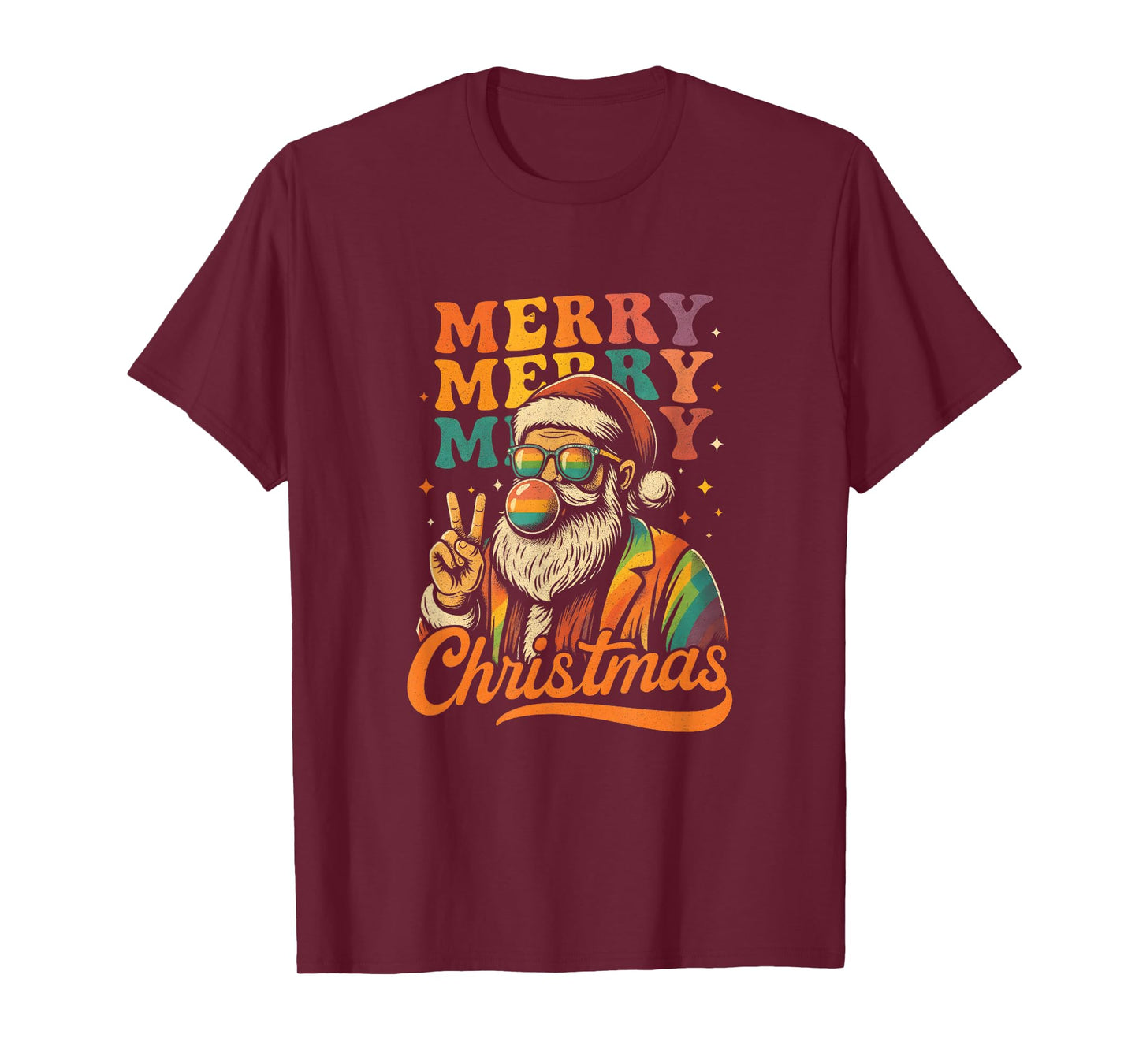 Merry Christmas Retro Holiday Vibes Santa Peace Sign Groovy T-Shirt