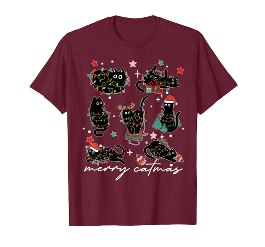Cat Christmas Light Reindeer Santa Christmas Cat Lover T-Shirt