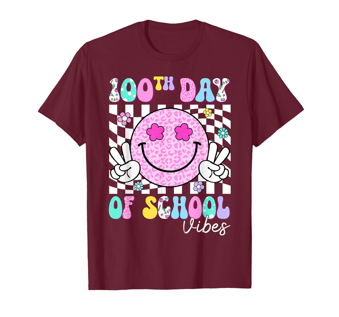 Groovy 100th Day of School Vibes Smile Face Teacher Kids T-Shirt