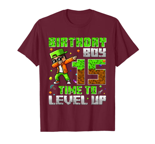 Pixel Game Dabbing Birthday Boy 15 Years Time to Level Up T-Shirt