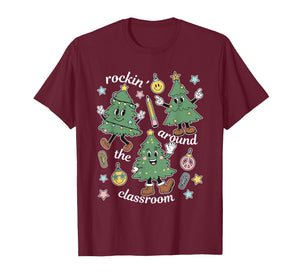 Retro Teacher Christmas Rockin' Around The Classroom Womens T-Shirt