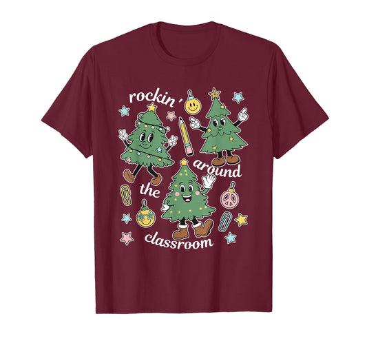 Retro Teacher Christmas Rockin' Around The Classroom Womens T-Shirt