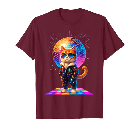 Dancing Cat Disco Ball Kitten Kitty Lover Funny Party Animal T-Shirt