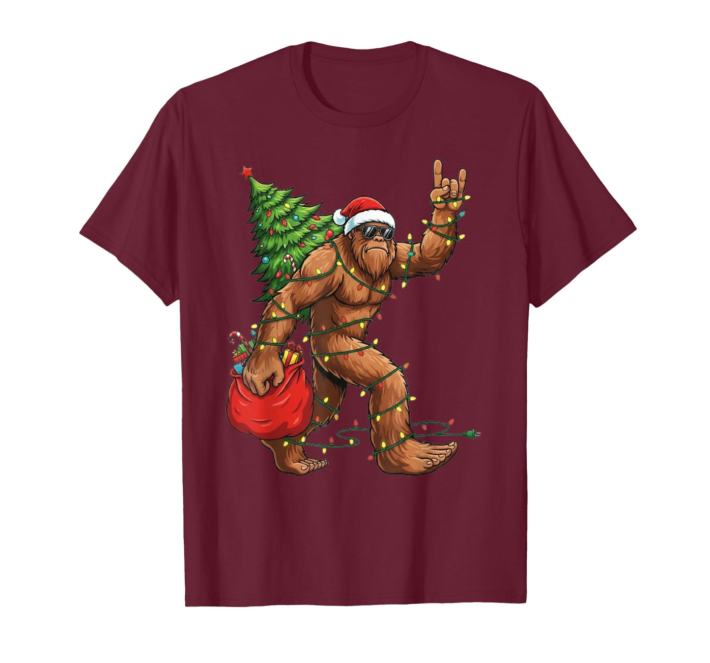 Christmas Tree Xmas Lights Funny Santa Bigfoot Sasquatch T-Shirt