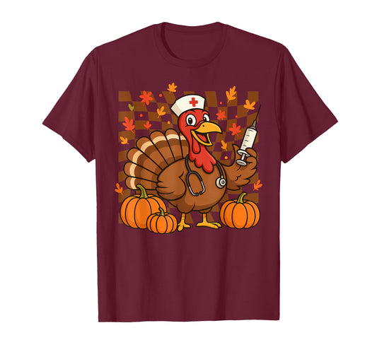 Thanksgiving Turkey Nurse Syringe Fall Scrub Top Women Men T-Shirt