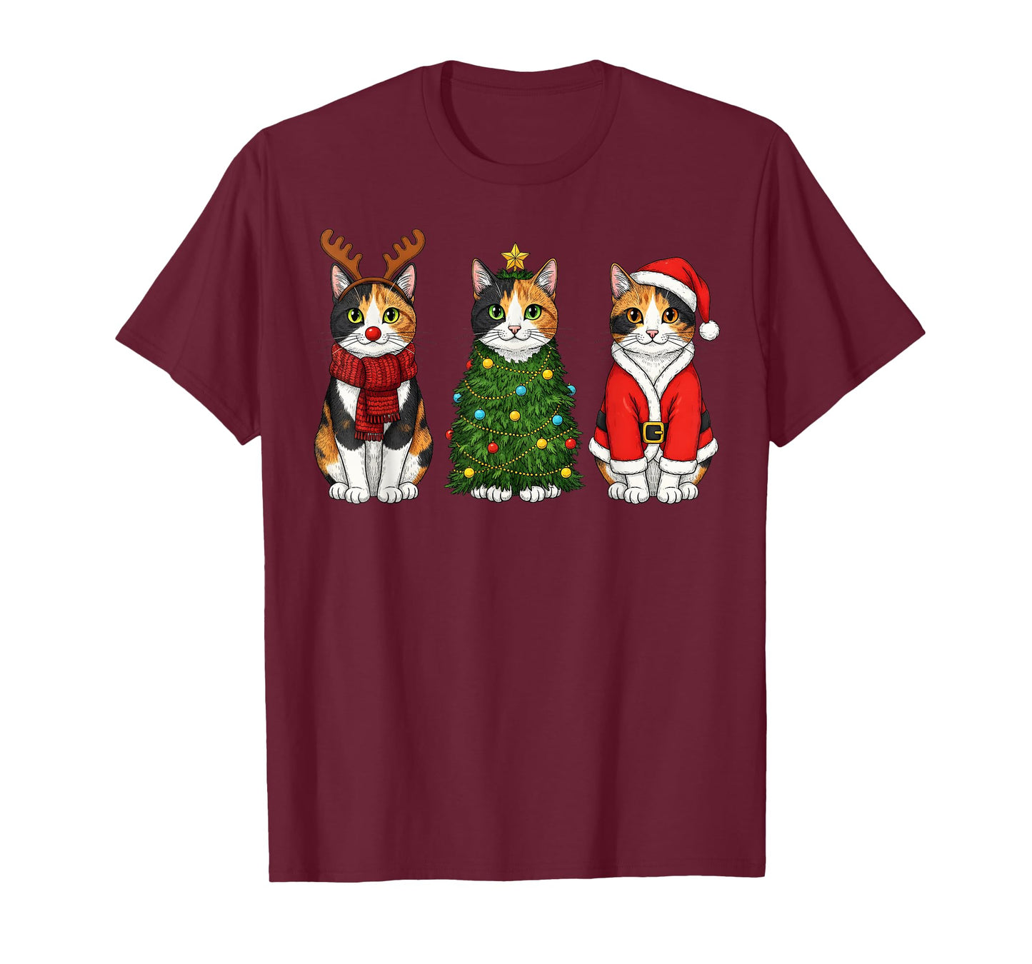 Retro Christmas Calico Cat Santa Reindeer T-Shirt