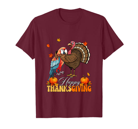 Happy Thanksgiving Turkey Hugging Parrot Lover Farmer Kids T-Shirt