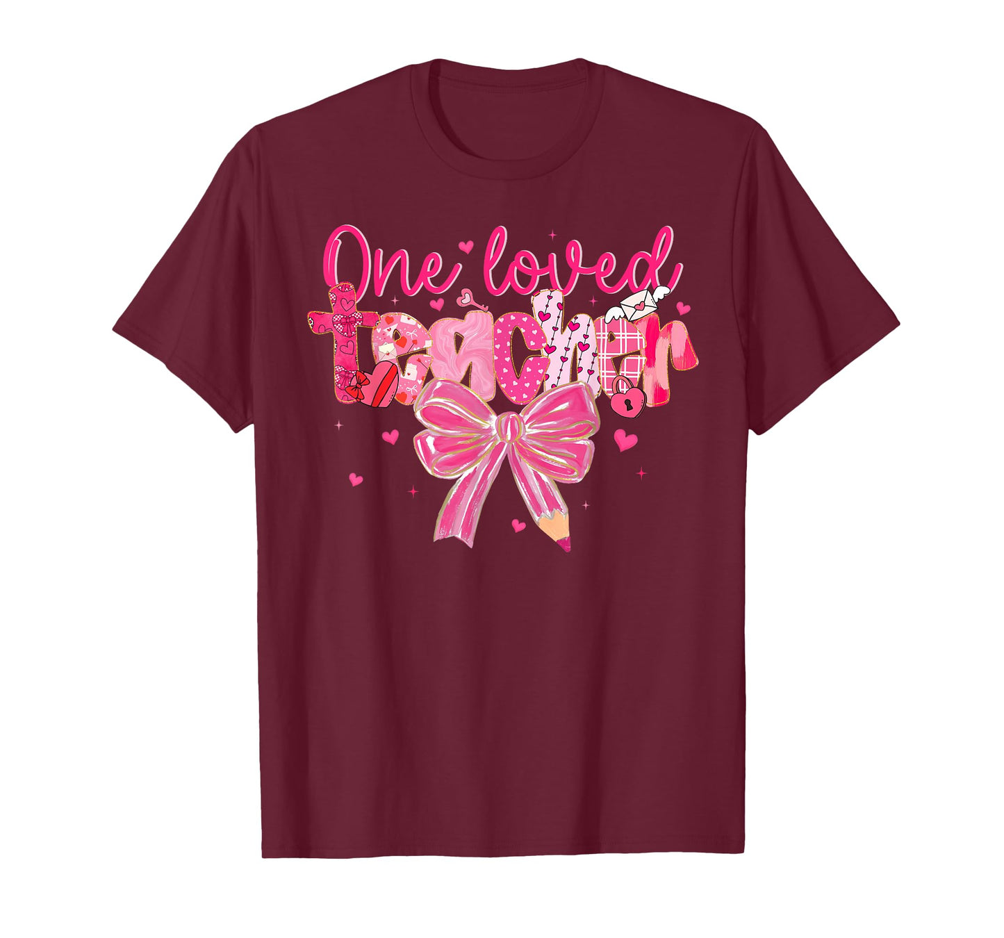 Retro Valentine Teacher One Loved Teacher Coquette Bow T-Shirt
