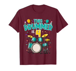 4 Years Old Drummer 4th Birthday Drum Set Drumming T-Shirt