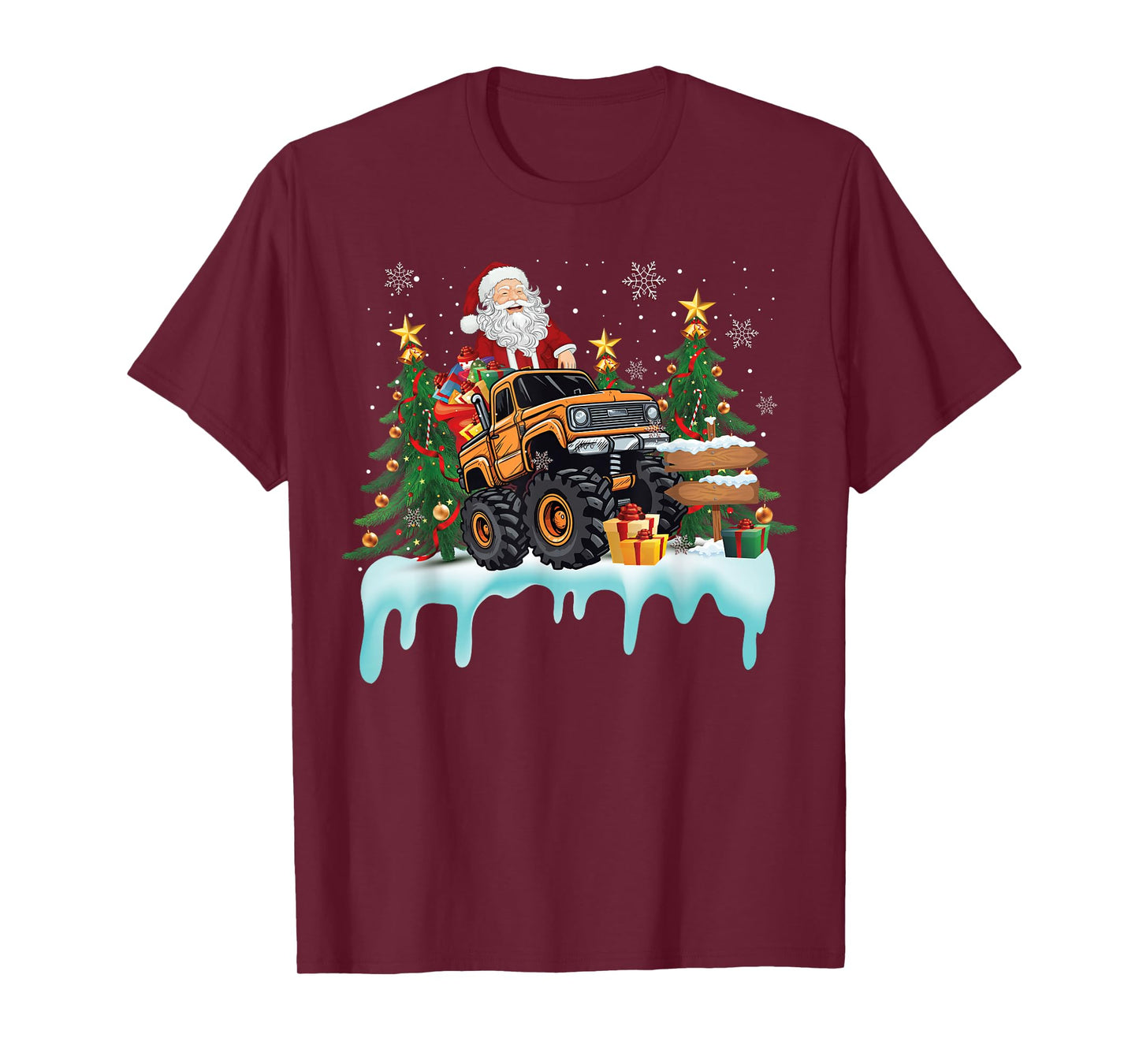 Santa Riding Monster Truck Christmas Tree Boys Girls Kids T-Shirt