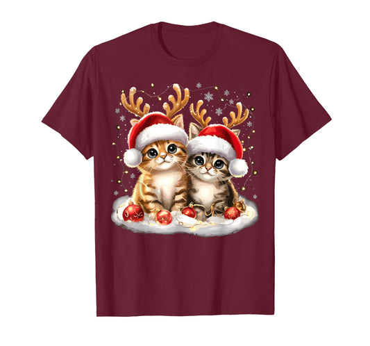 Cat Christmas Light Reindeer Santa T-Shirt