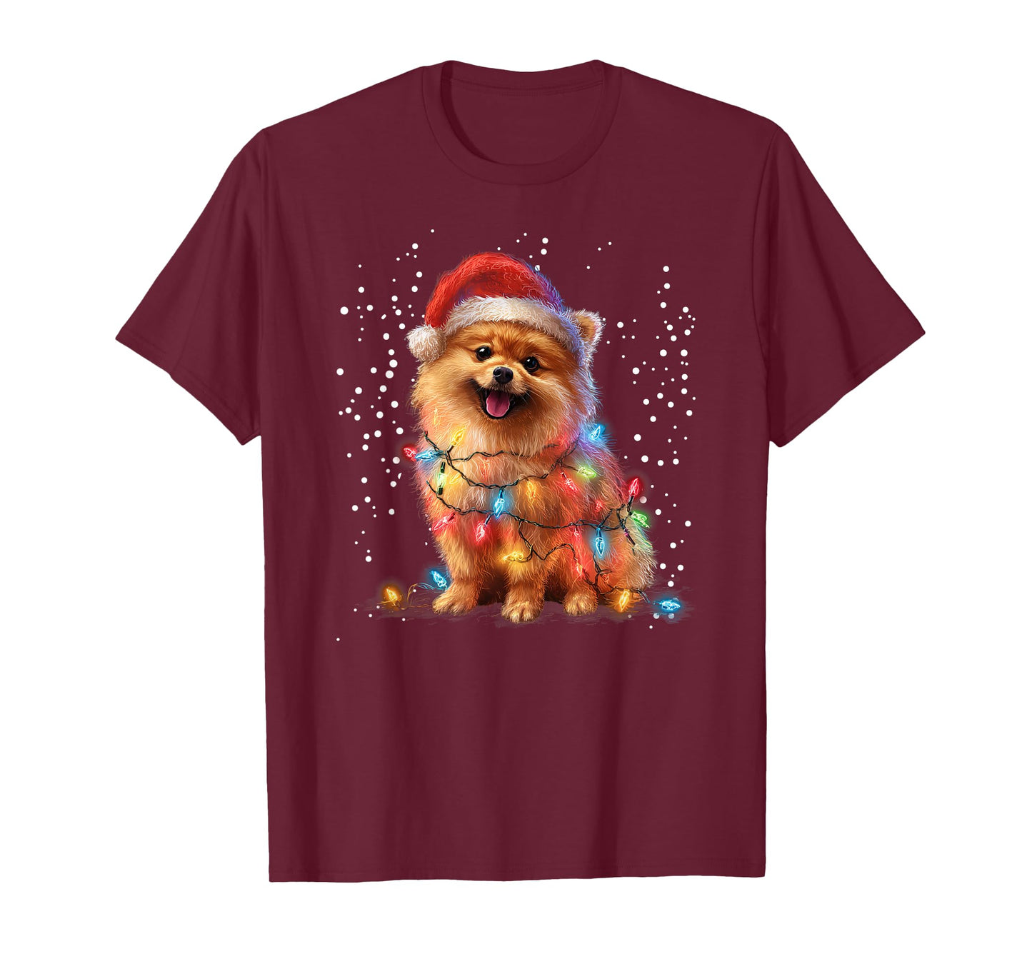 Christmas Lights Pomeranian Wearing Xmas Hat Cute Dog T-Shirt