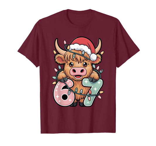 Kawaii Christmas Highland Cow 6 7 Meme Xmas Cow Lover Kids T-Shirt
