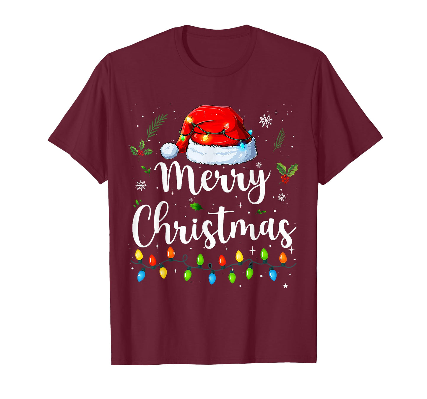 Merry Christmas Lights Santa Hat Xmas Family Matching Pajama T-Shirt