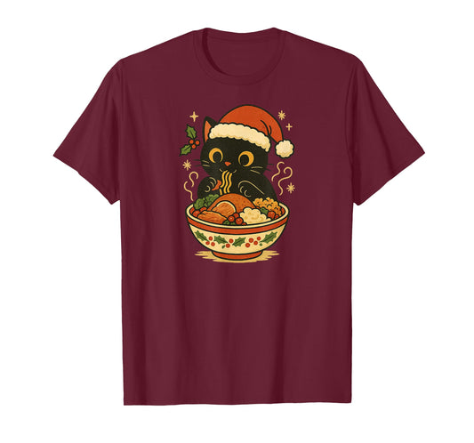 Cute Christmas Cat Eating Ramen Kawaii Japanese Anime T-Shirt