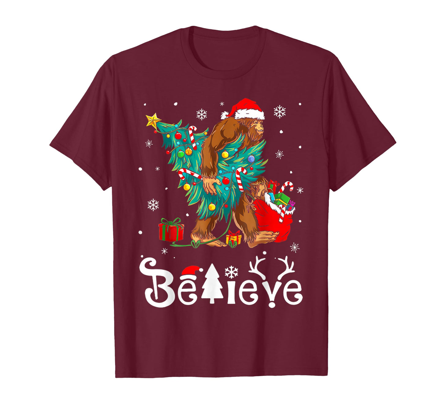 Santa Bigfoot Christmas Tree Xmas Lights Boys Men Sasquax T-Shirt