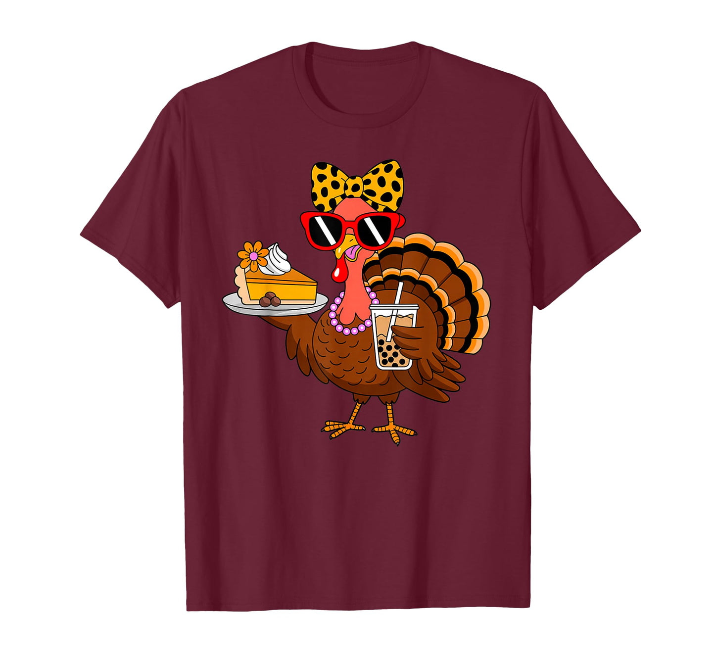Turkey Drinking Coffee Bow Turkey Day Thanksgiving Womens T-Shirt