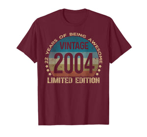 22 Year Old Gifts Vintage 2004 Limited Edition 22nd Birthday T-Shirt
