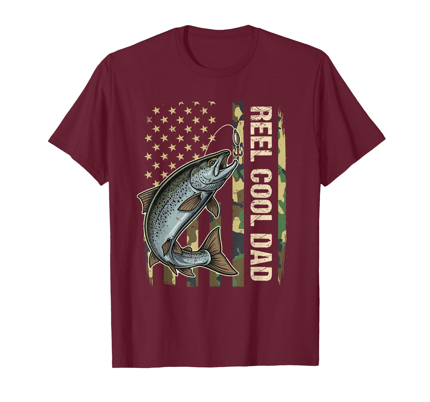 Reel Cool Dad Salmon Fishing Camo American Flag Fisherman T-Shirt