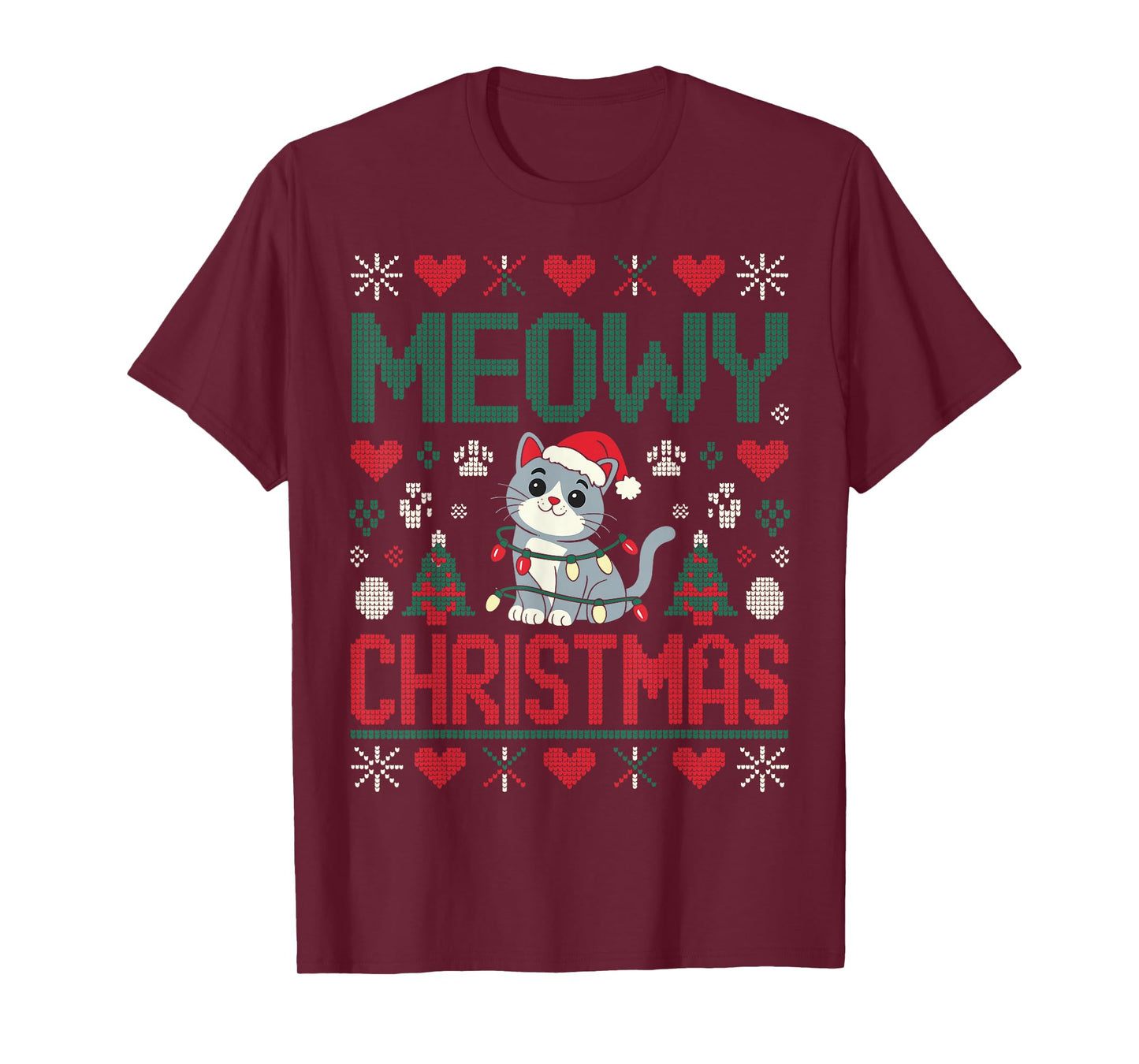 Funny Meowy Christmas Ugly Xmas Cute Lights CAT Santa Family T-Shirt