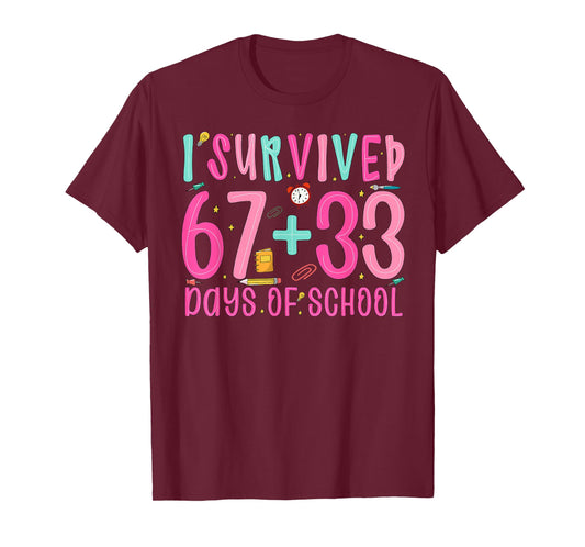 I Survived 67+33 Days of School Teacher Boys Girls 100 Days T-Shirt