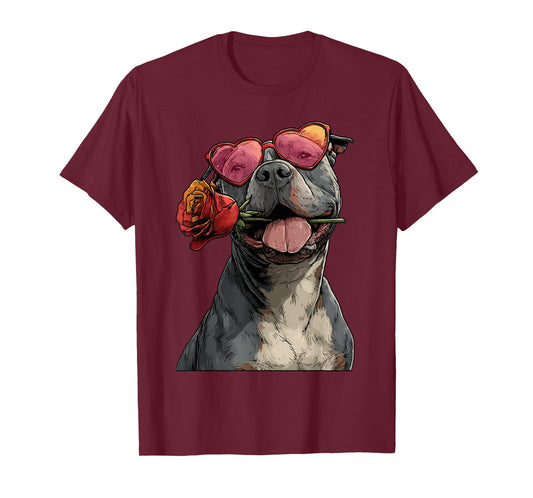 Cute Pit Bull with Heart Glasses Rose Valentine's Day Dog T-Shirt