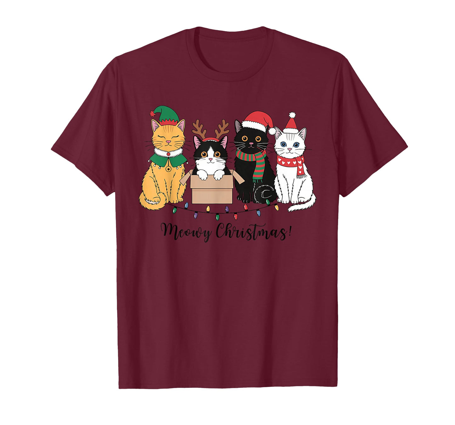 Meowy Christmas Xmas Lights Black Cat Pajamas Family Funny T-Shirt