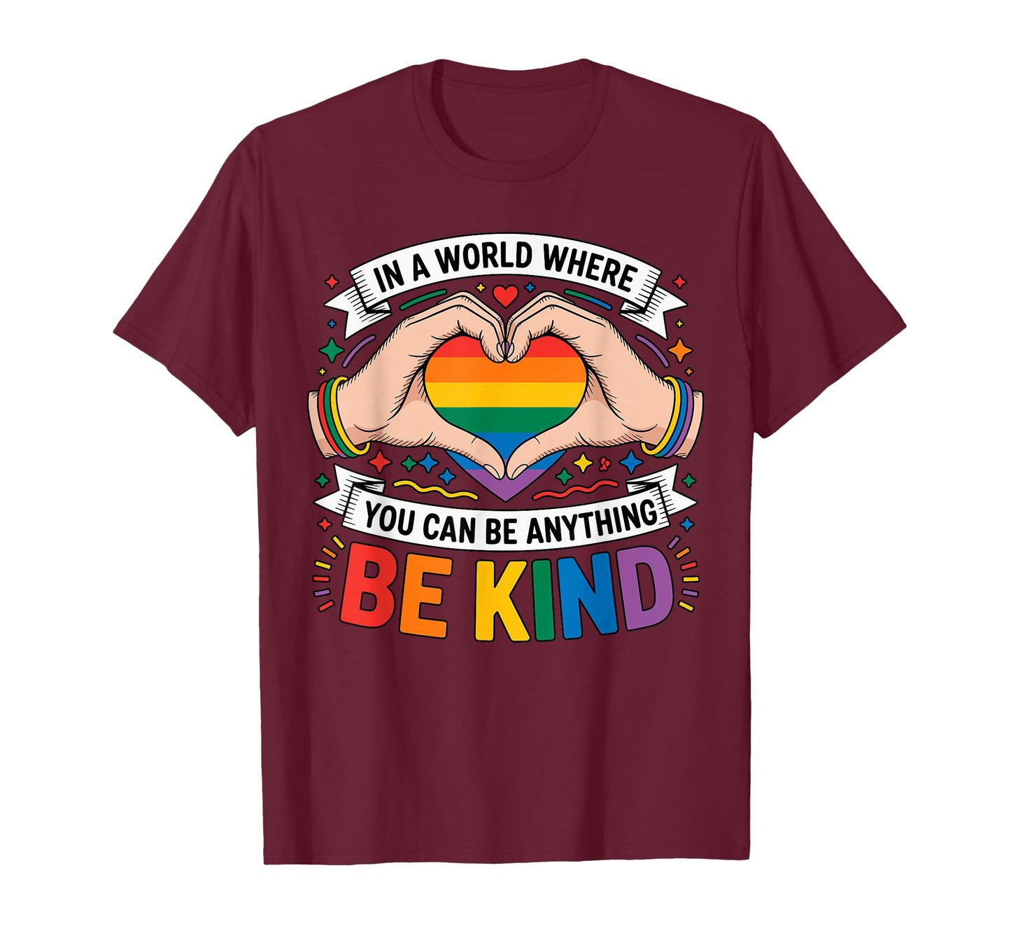 in A World Be Kind Rainbow Heart Pride T-Shirt