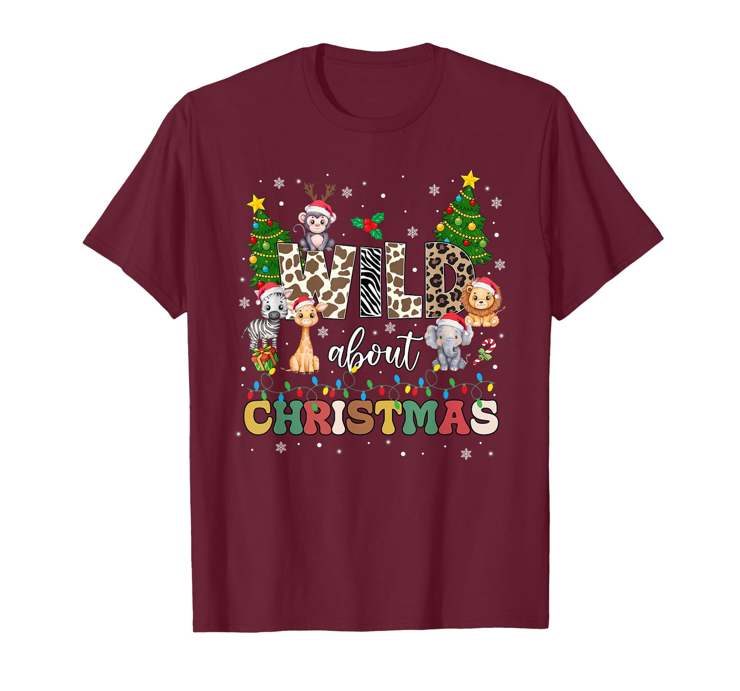 Wild About Christmas Santa Xmas Lights Zoo Safari Animals T-Shirt