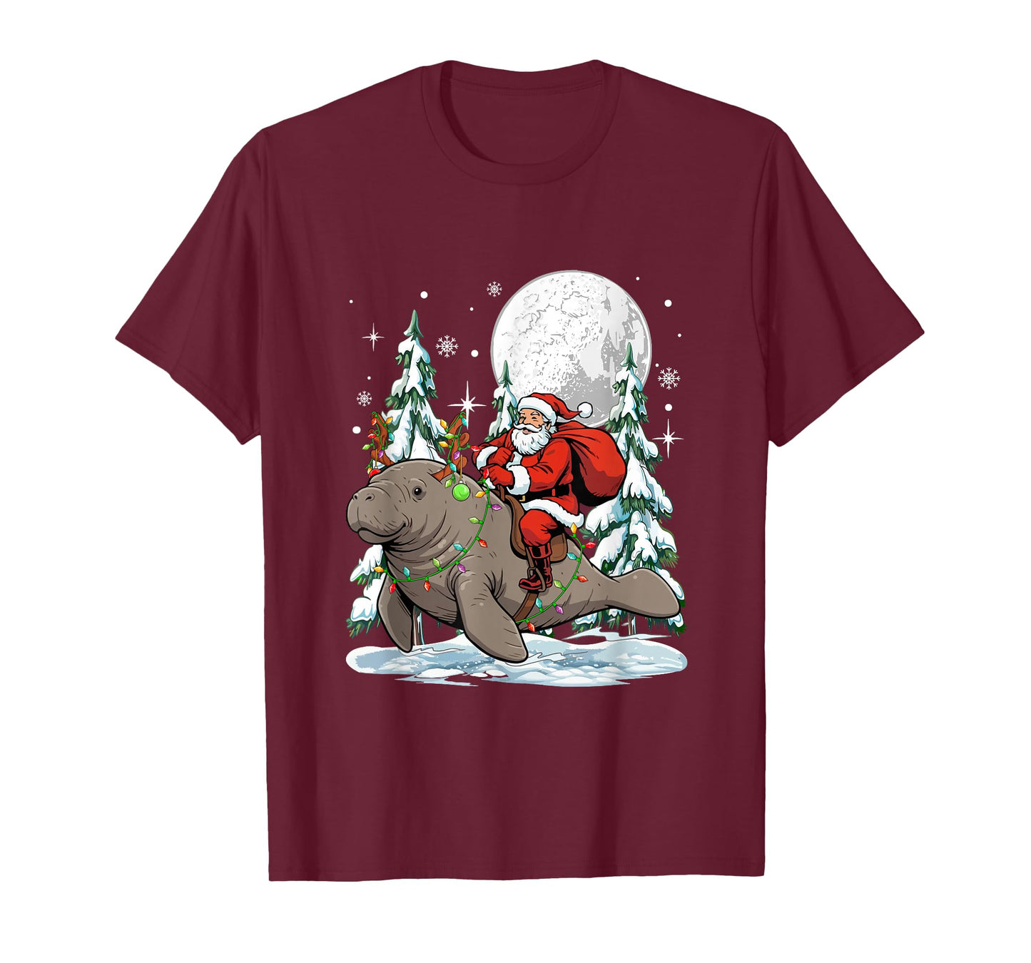 Santa Riding Manatee Reindeer Christmas Tree Colorful Lights T-Shirt