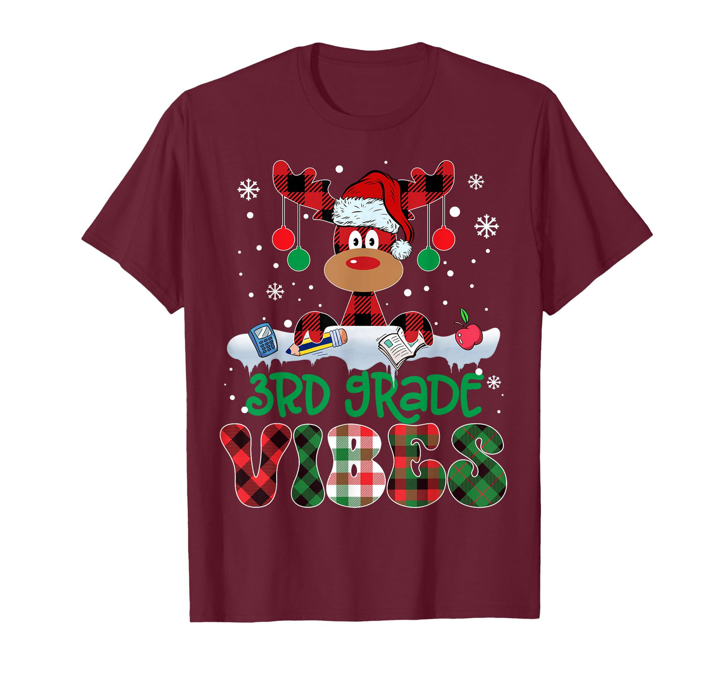 3rd Grade Vibes Teacher Buffalo Red Plaid Reindeer Christmas T-Shirt