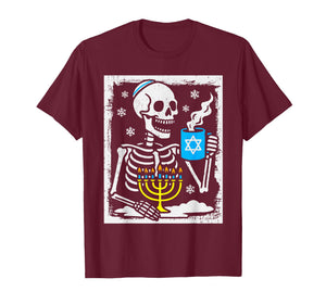 Hanukkah Skeleton Coffee Dreidel Jewish Menorah Chanukah T-Shirt