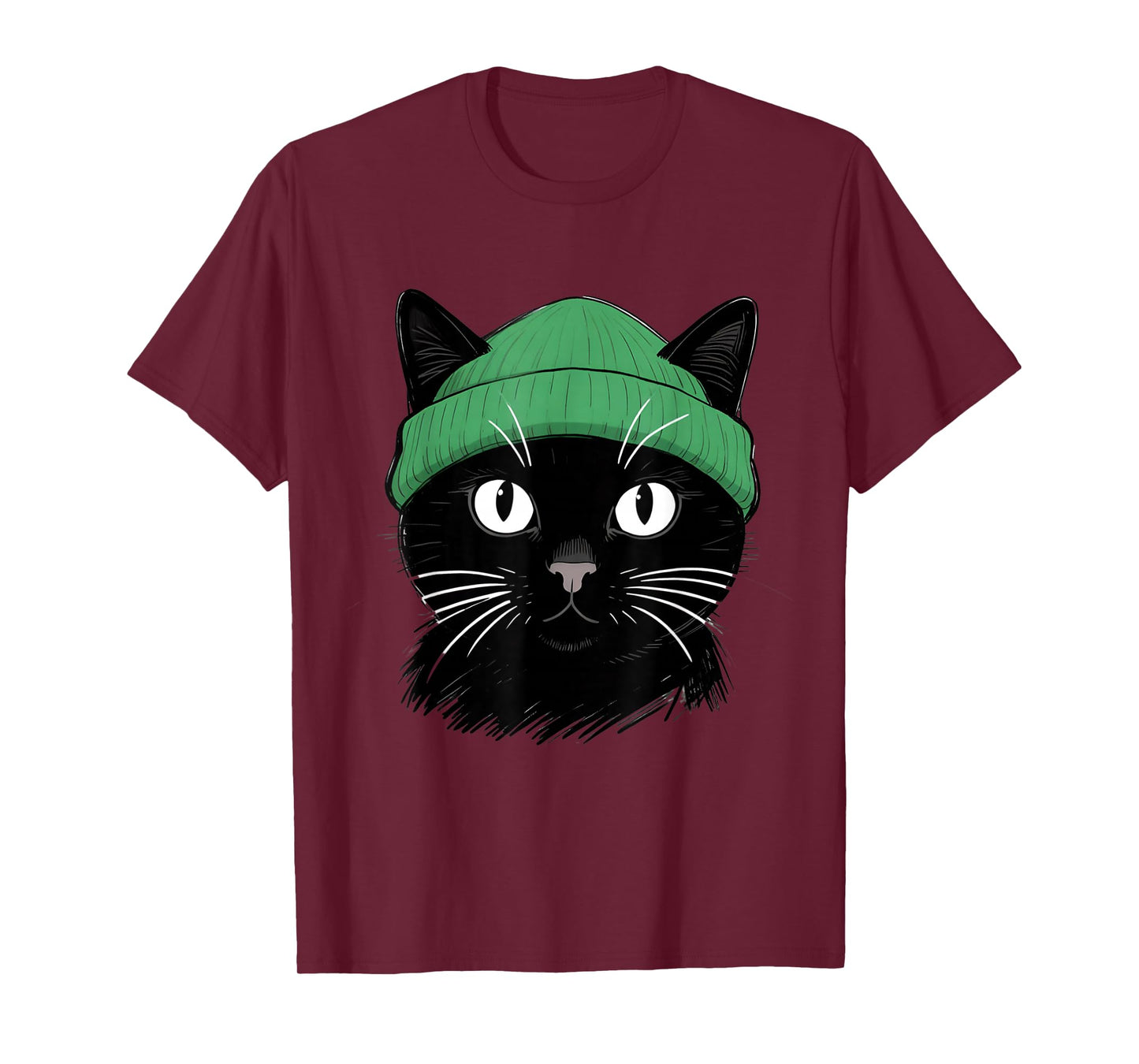 Black Cat with Green Beanie Vintage Design T-Shirt