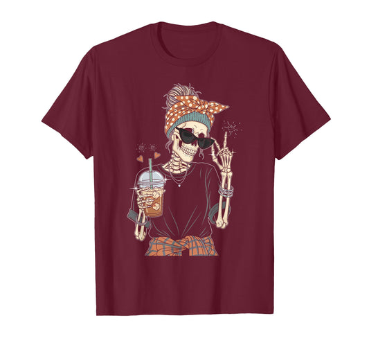Skeleton Girl with Iced Coffee Retro Cool Gothic T-Shirt