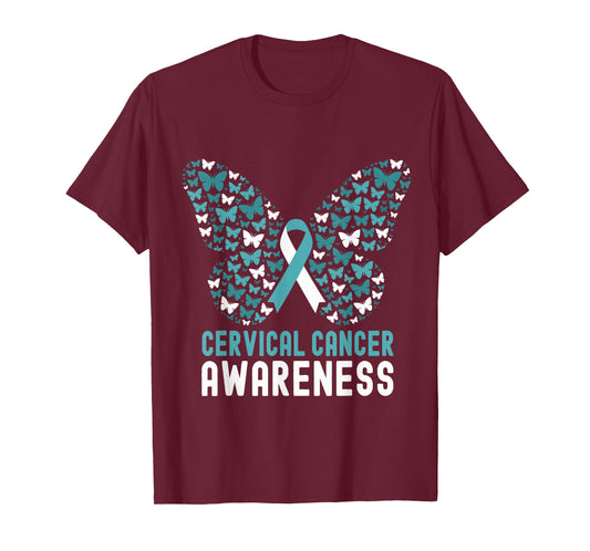 Cervical Cancer Awareness Month Butterfly White Teal Ribbon T-Shirt