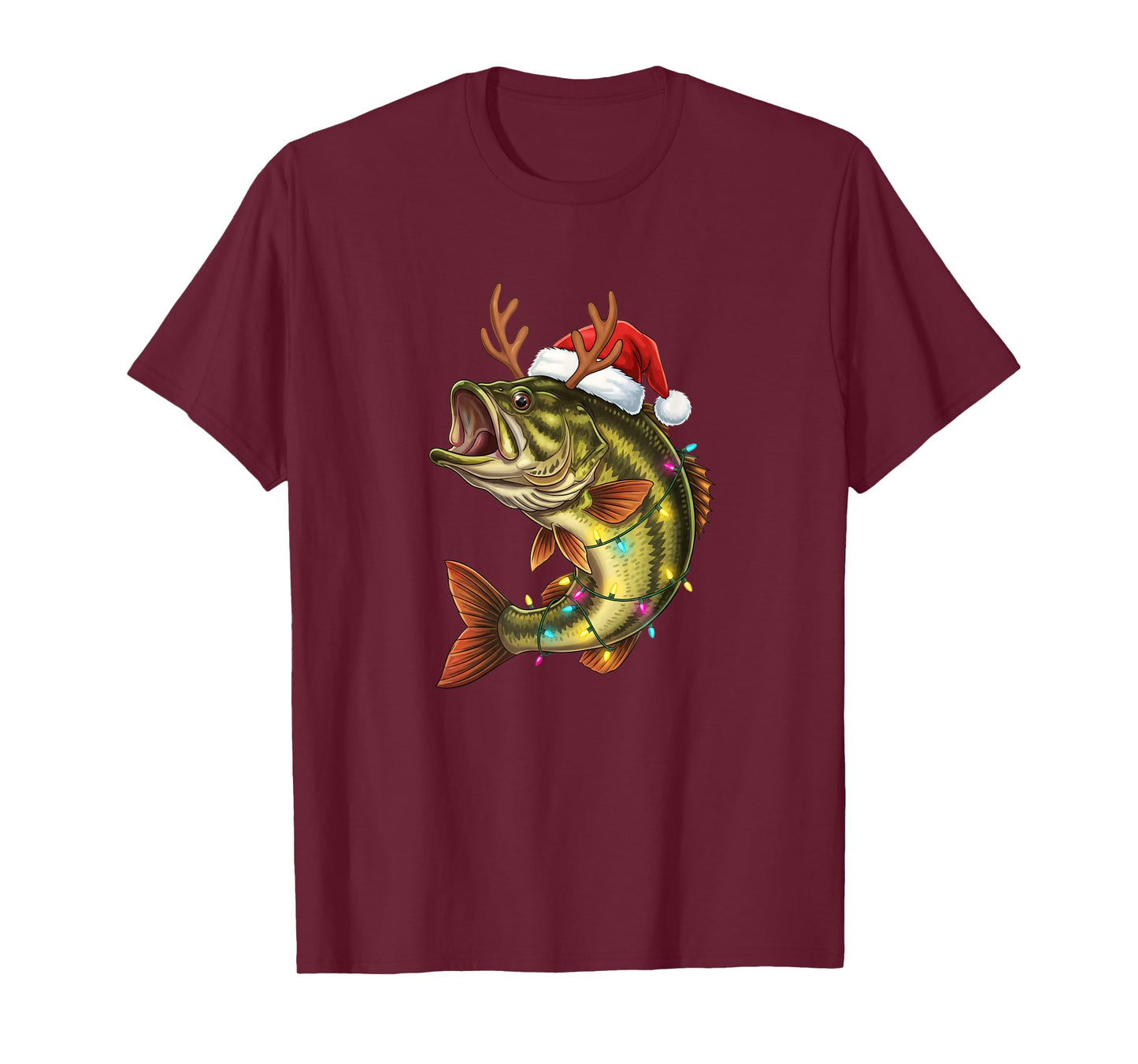 Christmas Bass Santa Hat with Lights Funny Fishing Xmas Angl T-Shirt