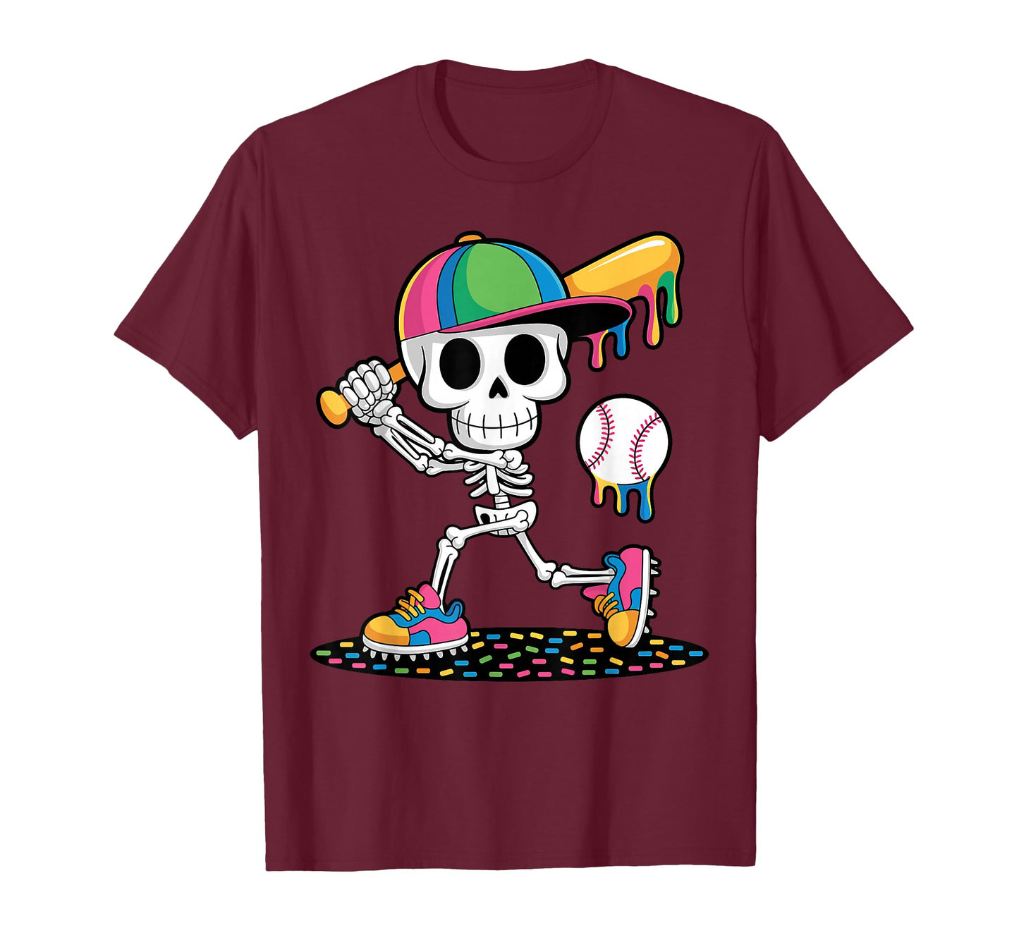 Skeleton Playing Baseball Halloween Drip Design for Kids T-Shirt