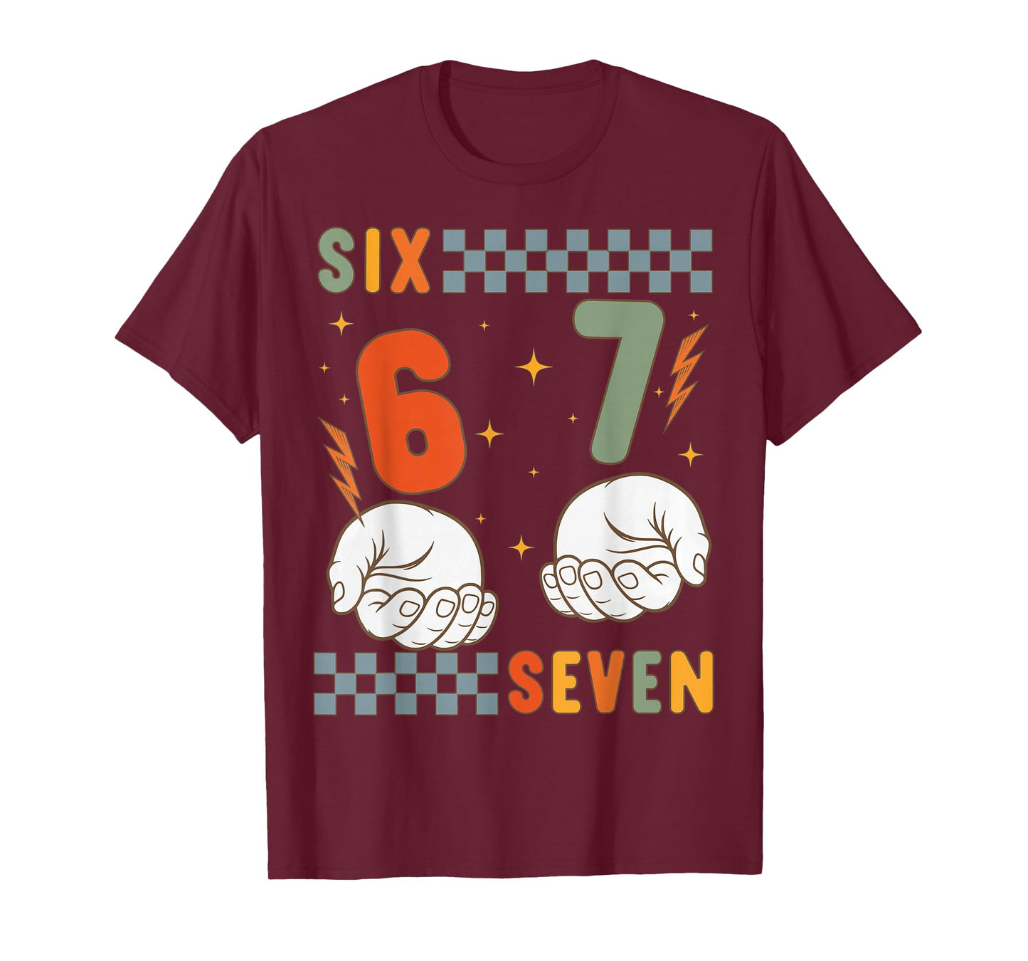 67 Hands Retro 6 7 Meme Vintage Checkered 6-7 Boys Kids 70s T-Shirt
