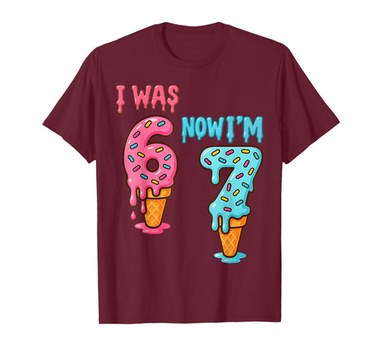 Seven Year Old Birthday I was 6 Now I'm 7 67 Ice Cream Drip T-Shirt