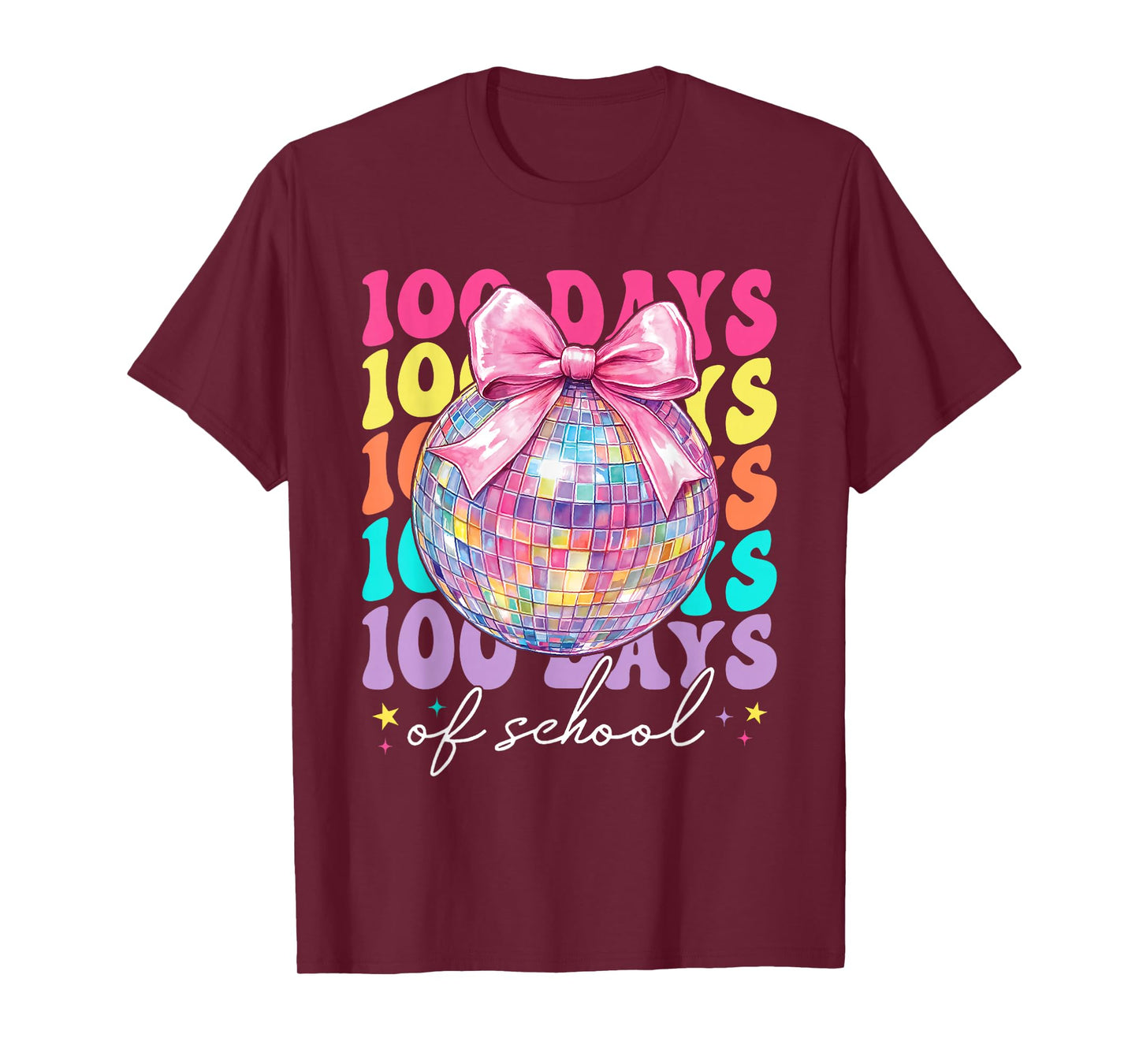 Retro 100 Days of School Coquette Bow Disco Ball Girls Women T-Shirt