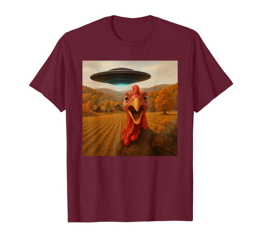 Turkey Selfie with Alien UFO Funny Thanksgiving Spaceship T-Shirt