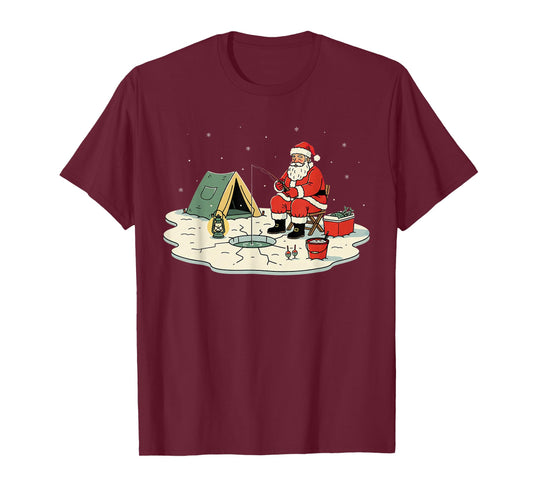 Cute Santa Ice Fishing Camping Christmas Holiday T-Shirt