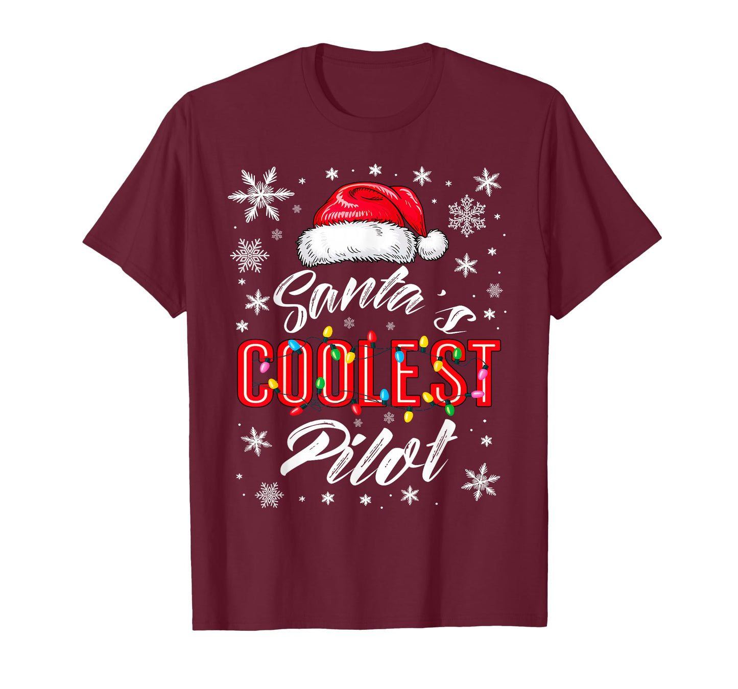 Santa's Coolest Pilot Christmas Lights Snowflake Flight Crew T-Shirt