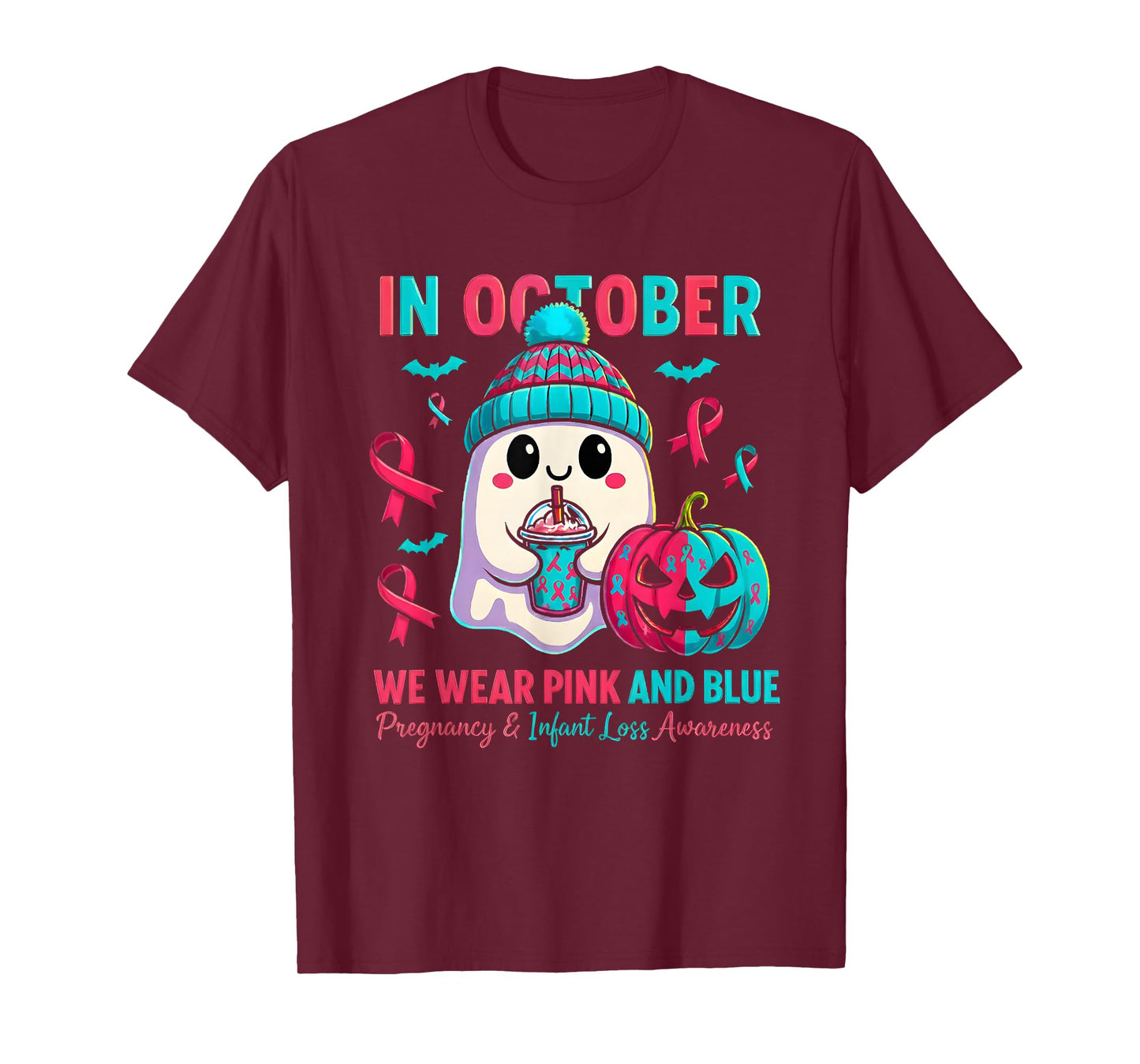 in October We Wear Pink and Blue Ghost Infant Loss Awareness T-Shirt