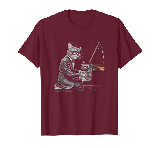 Cat Playing Piano Drawing Art Design T-Shirt