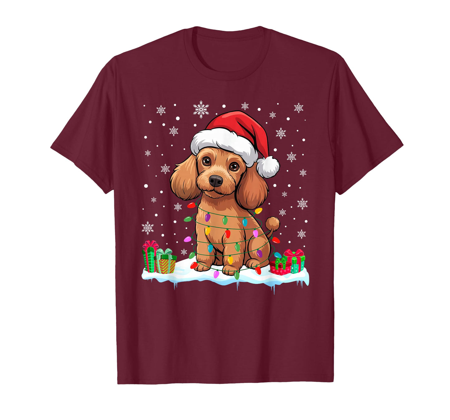 Poodle Dog Christmas Lights Decor Funny Santa Hat Ugly Xmas T-Shirt