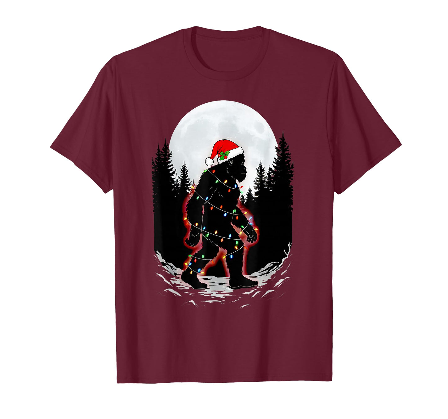 Bigfoot Christmas Moon Santa Lights Sasquatch Funny Xmas T-Shirt