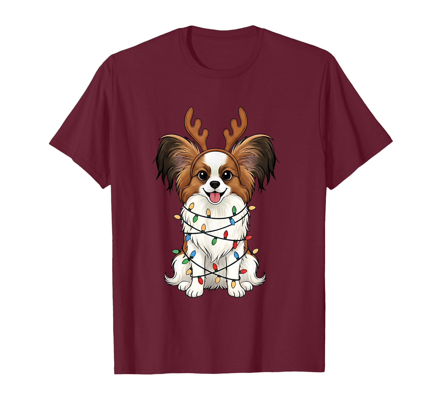 Papillon Dog Christmas Reindeer Lights Funny Dog Lover Xmas T-Shirt