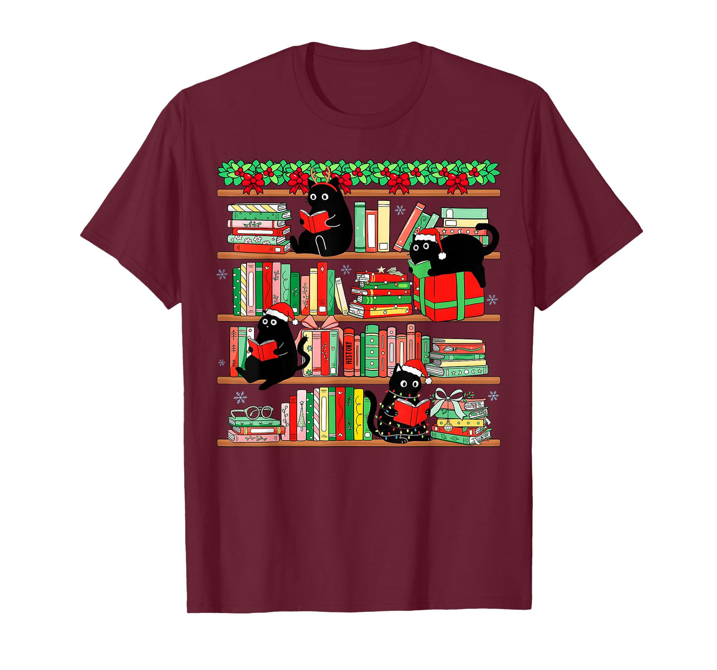 Christmas Black Cat Santa Bookshelves Book Lover Reader T-Shirt